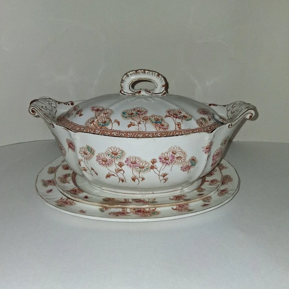 Furnivals Victorian Daisy Covered Transferware Handpainted Soup Tureen 1892-1913